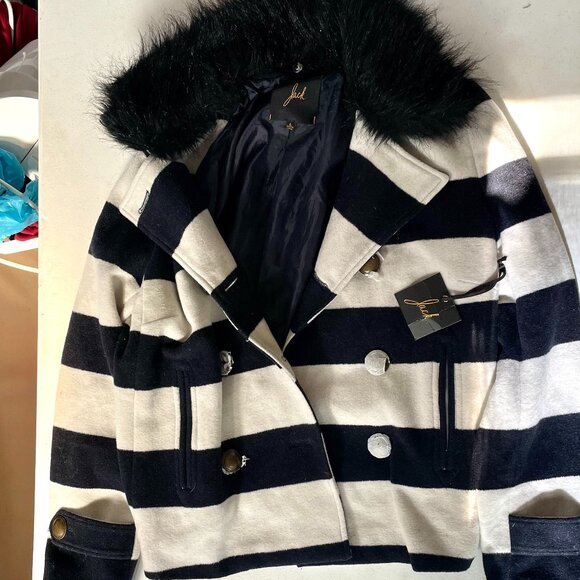 NWT Jack by BB Dakota Striped Peacoat Size L - Navy White Faux Fur Collar - Picture 1 of 13